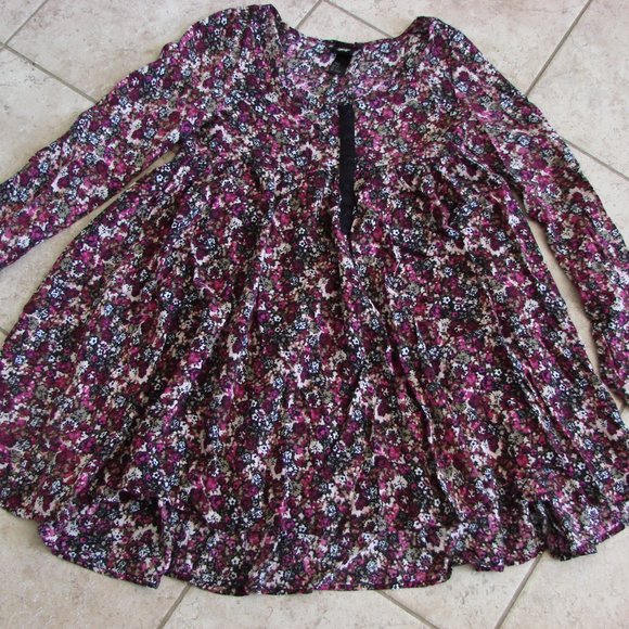 H&M Purple Pink Black Floral Boho Babydoll Peasant Dress - Picture 1 of 15